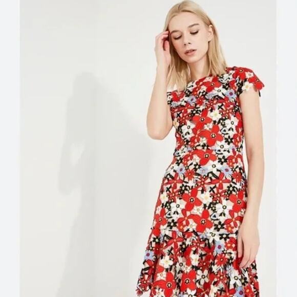 ALICE + OLIVIA Imani Guipure Lace Overlay Dress Red Sz 6 $395 {V11}